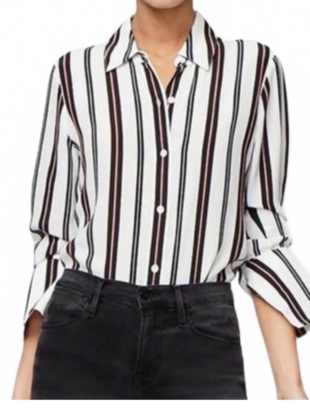 Frame Denim Striped Button-Down Shirt in White, Black & Brown